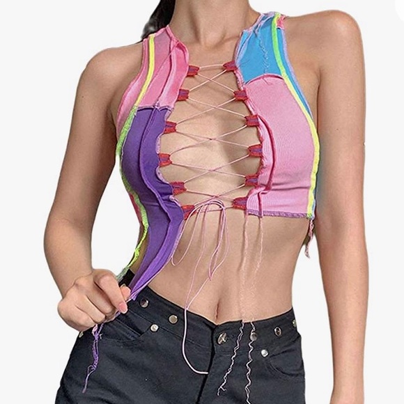 Purple contrast stitch tank top lace up crop top - Picture 1 of 3